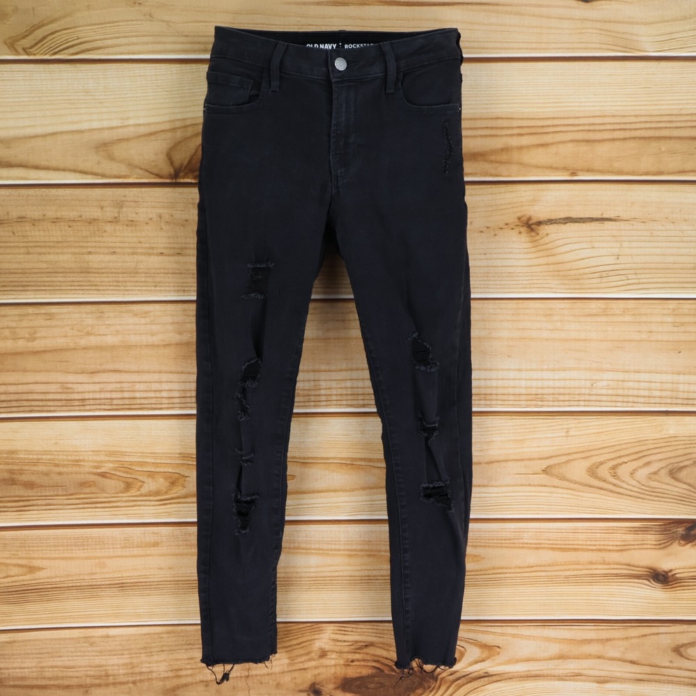 Old Navy Rockstar Skinny Jeans Distressed Stretch Mid Rise‎ Womens 6 Black Denim